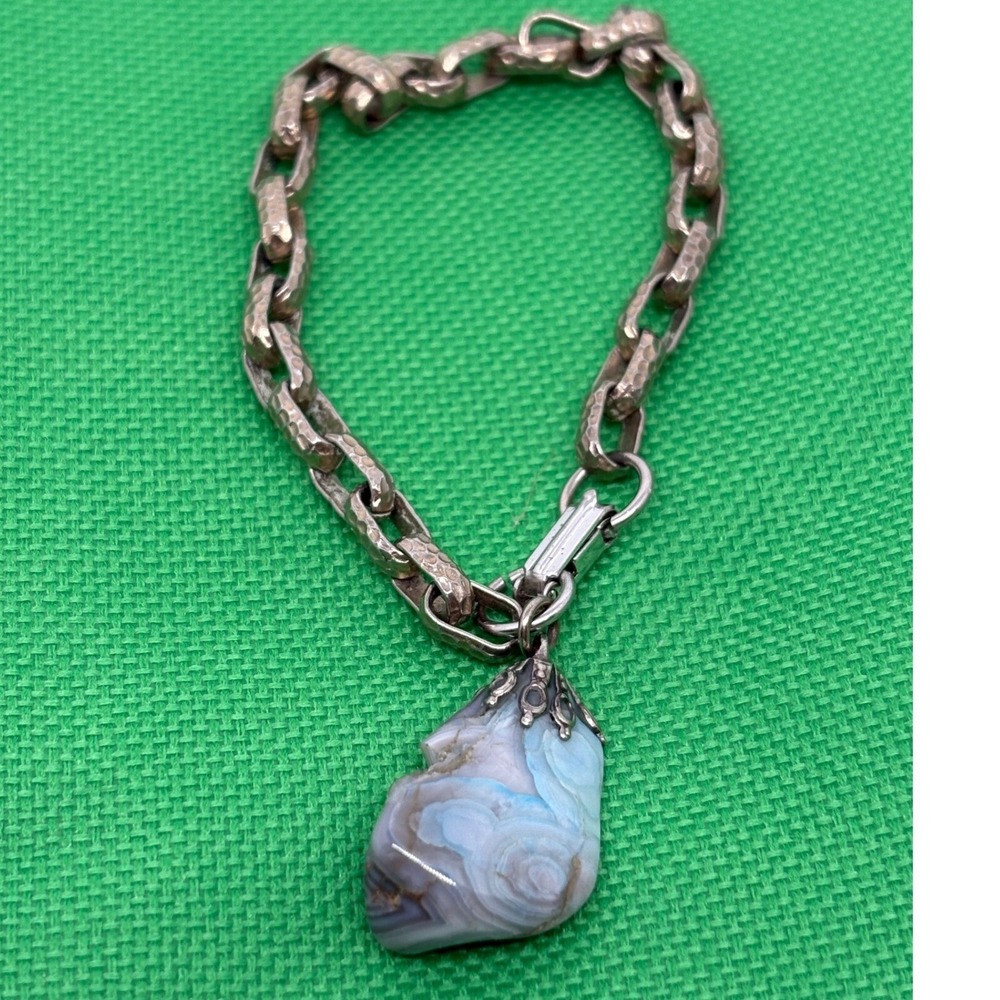 Unique Agate Stone Charm‎ Bracelet Silver Tone Chain Link Statement Jewelry 7"